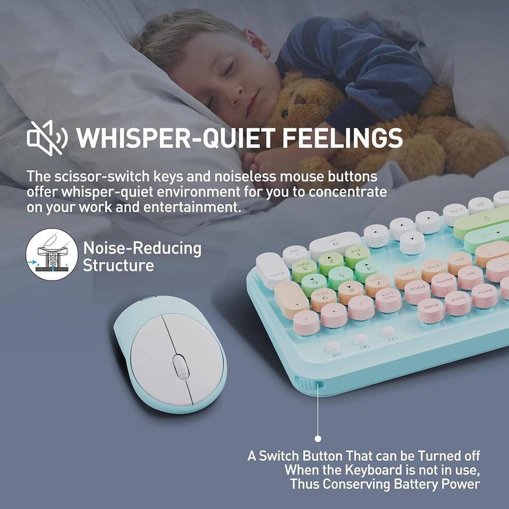 **WHISPER-QUIET FEELINGS**

The scissor-switch keys and noiseless mouse buttons offer whisper-quiet environment for you to concentrate on your work and entertainment.

**Noise-Reducing Structure**

A Switch Button That can be Turned off When the Keyboard is not in use, Thus Conserving Battery Power