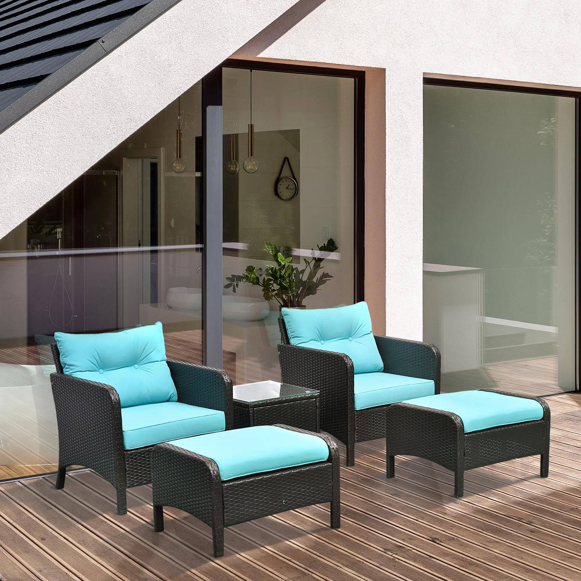 Alt View 6. Spaco - Spaco 5PC Deep Seat Rattan Patio Set, 2 Chair Ottomans Table, Cream - Light Blue.