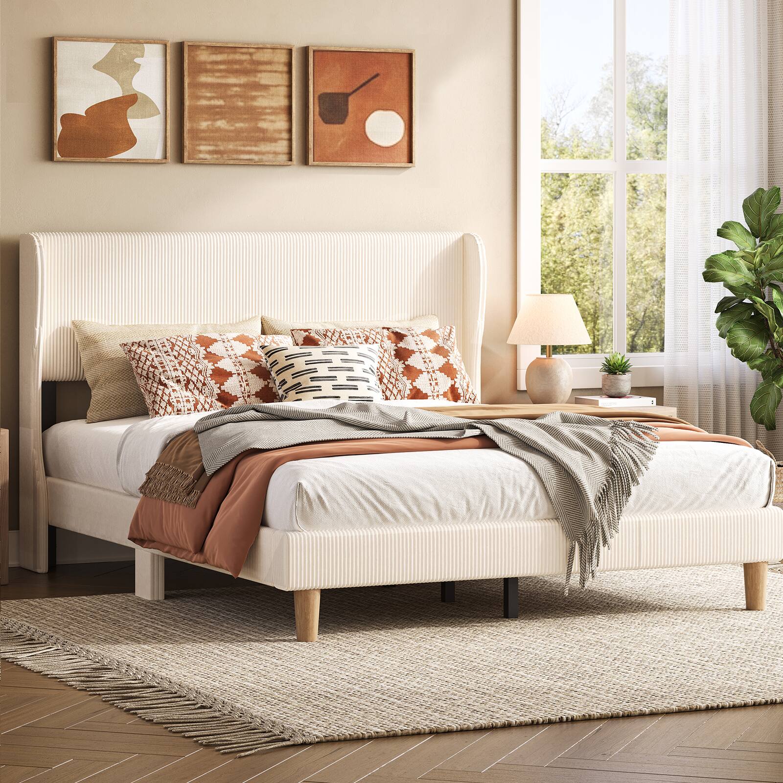 Left. Bestier - Wood Frame Corduroy Upholstered Platform Bed Frame with Wingback Headboard - Off White.