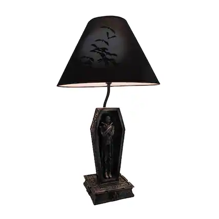 Front. Zeckos - Dark Dawning Vampire in the Coffin Black Table Lamp and Fabric Shade - Black.