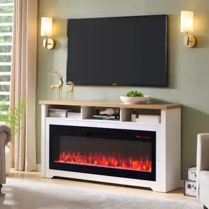 Front. Rbied - 60in TV Stand with 50in Smart Fireplace White - Cream White.