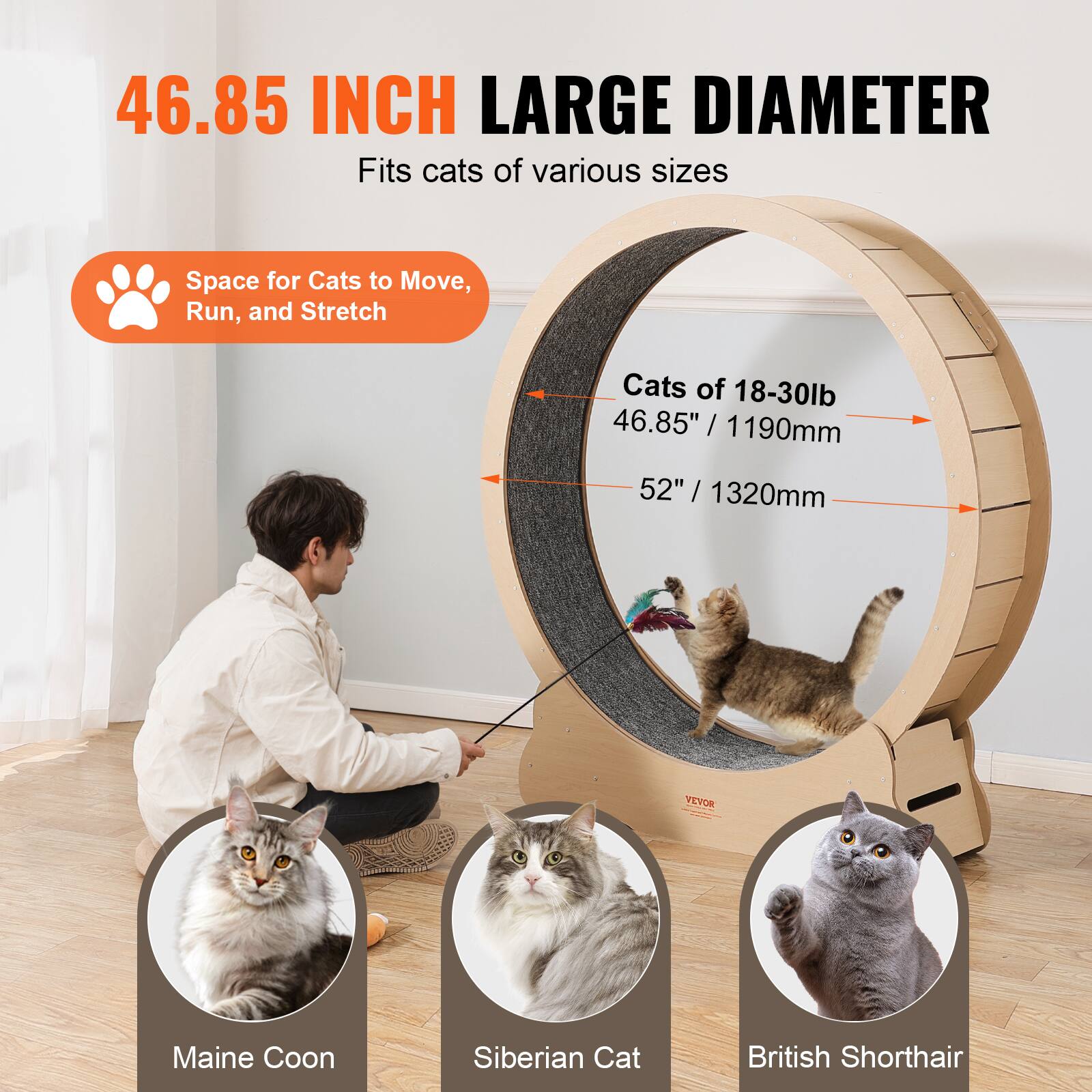 46.85 INCH LARGE DIAMETER  
Fits cats of various sizes  

Space for Cats to Move, Run, and Stretch  

Cats of 18-30lb  
46.85" / 1190mm  
52" / 1320mm  

Maine Coon  
Siberian Cat  
British Shorthair