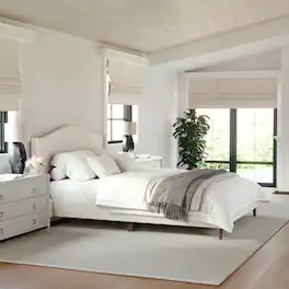 Martha Stewart - Amelia Faux Linen Upholstered Queen Size Platform Bed with Curved Headboard - Beige Fabric/Walnut Legs