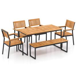 Costway - 6 PCS Outdoor Acacia Wood Dining Set with Bench 2" Umbrella Hole for 6-7 People - Beige