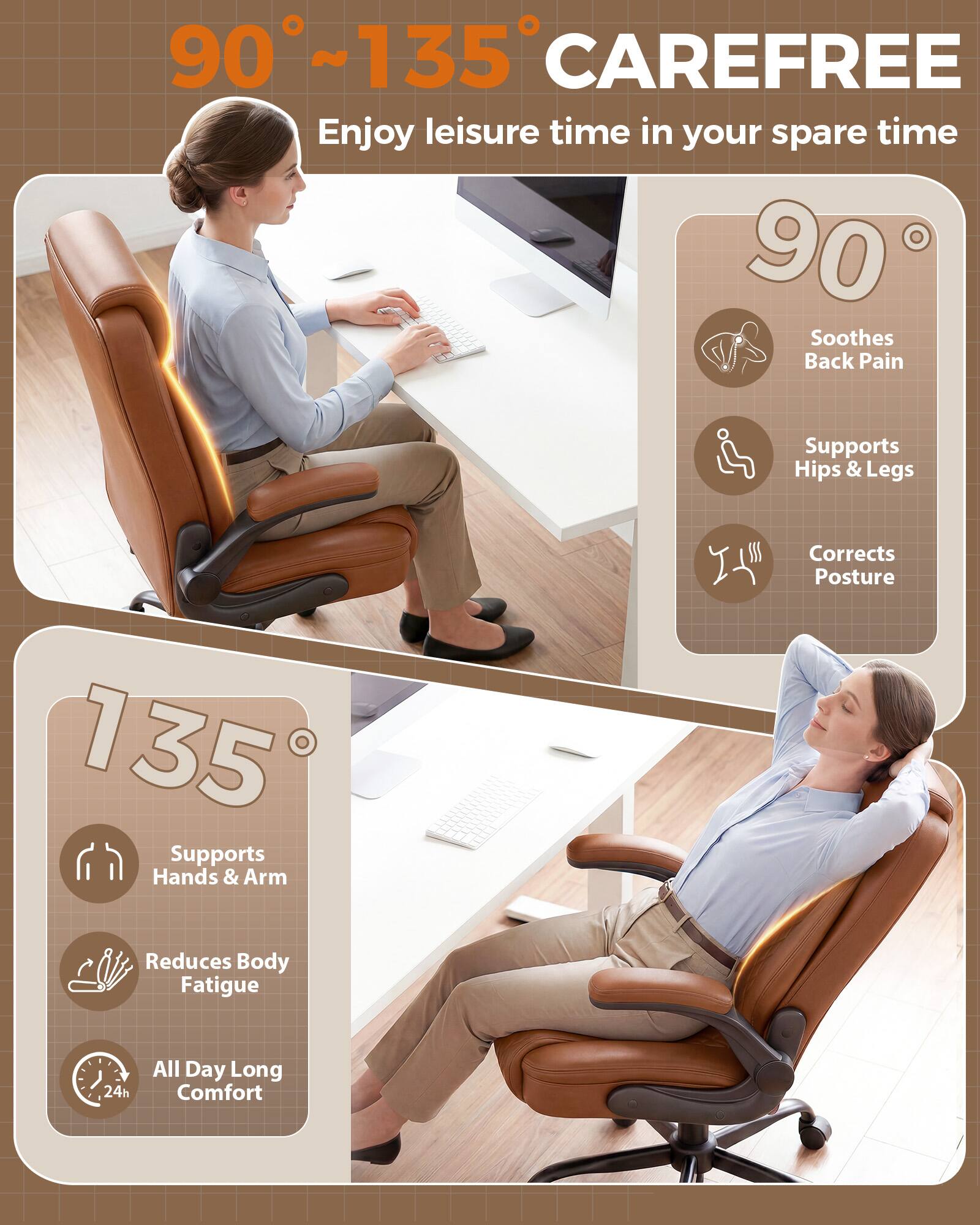 90°~135° CAREFREE  
Enjoy leisure time in your spare time  

90°  
Soothes Back Pain  
Supports Hips & Legs  
Corrects Posture  

135°  
Supports Hands & Arm  
Reduces Body Fatigue  
All Day Long Comfort
