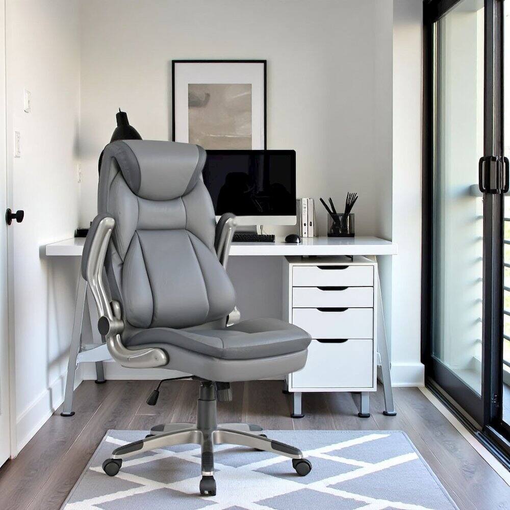 Alt View 8. FurniFact - Ergonomic Leather Office Chair – Executive High Back Gray Desk Chair - Charcoal / Titanium.