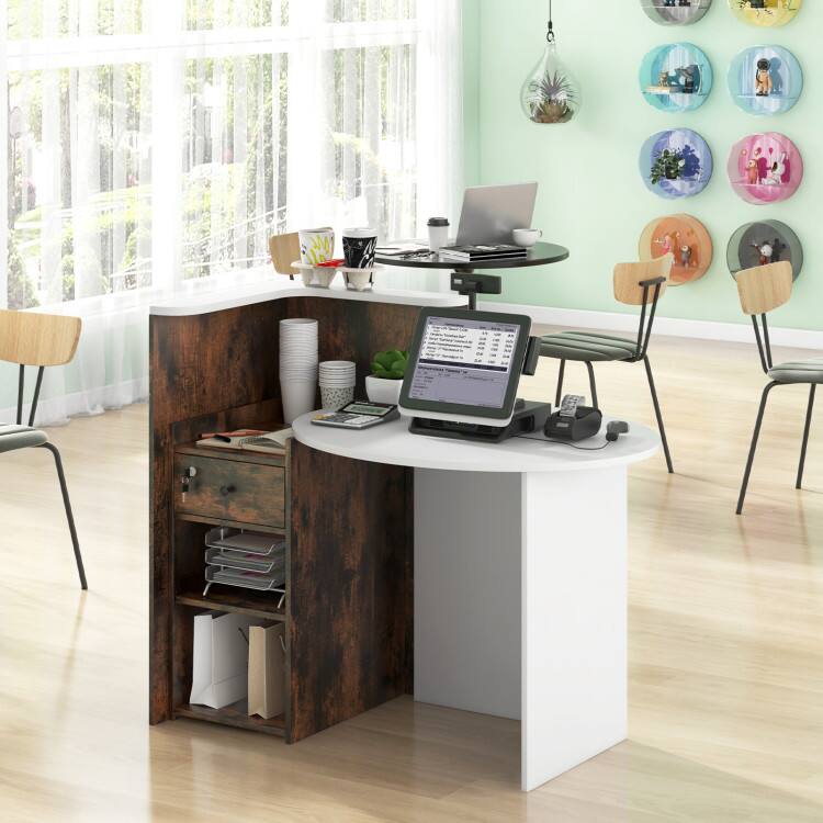 Left. SlickBlue - Office Reception Desk with Lockable Drawer & Open Shelf – Professional Workstation - Rustic Brown.
