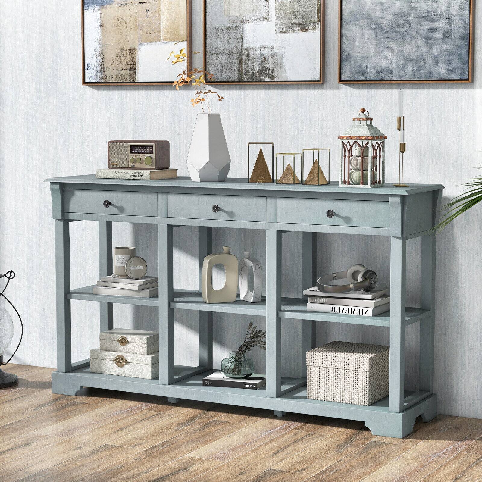 Alt View 7. Ecooso - 58 Inch Retro Console Table with 3 Drawers and Open Shelves for Entryway Storage - Grey.