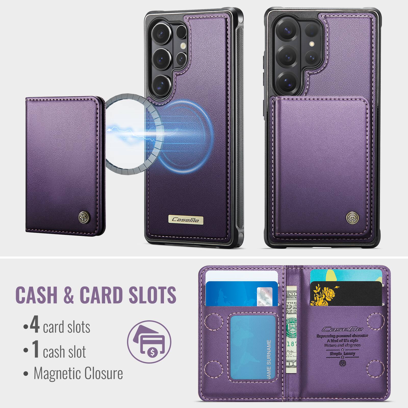 Coselile CASH & CARD SLOTS  
4 card slots  
1 cash slot  
Magnetic Closure  

SURNAME NAME  

Expending personal designer  
A kind of its style  
Simple & Luxury