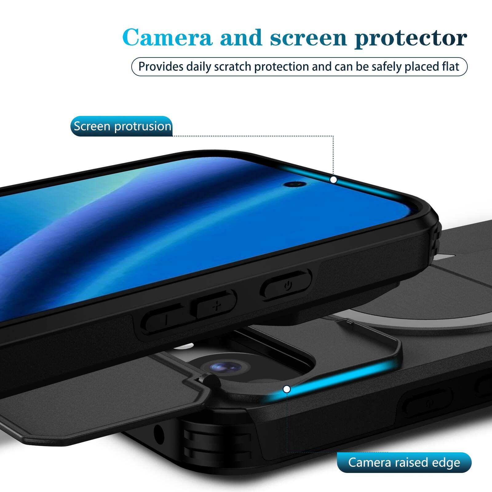Camera and screen protector  
Provides daily scratch protection and can be safely placed flat  

Screen protrusion  
Camera raised edge