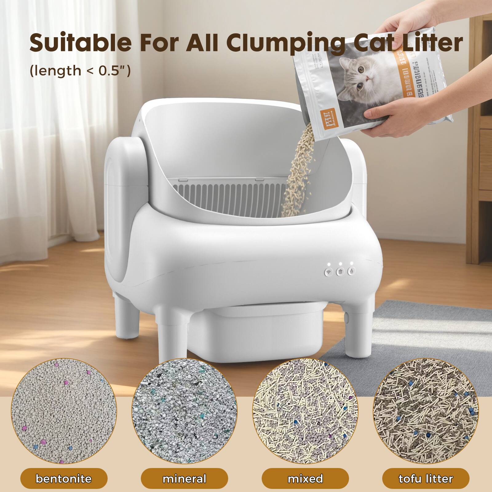 Suitable For All Clumping Cat Litter (length < 0.5")  
SUIT  
ci - 1E RIBIE - 25 | PE  
bentonite mineral mixed tofu litter