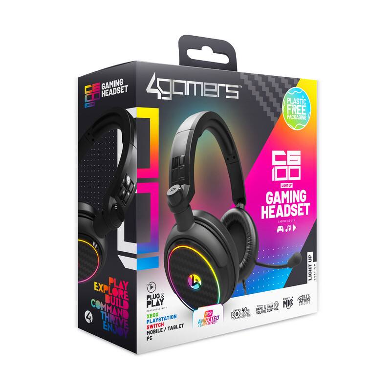 4Gamers  
Gaming Headset  

CE 100 Gaming Headset  

Plastic Free Packaging  

Play Explore Build Command Thrive Enjoy  

Plug & Play Compatible with:  
Xbox  
PlayStation  
Switch  
Mobile / Tablet  
PC  

40mm Drivers  
Volume Control  
Mic  

Animated Light Up  

Light Up  

RGB  

4 Gamers