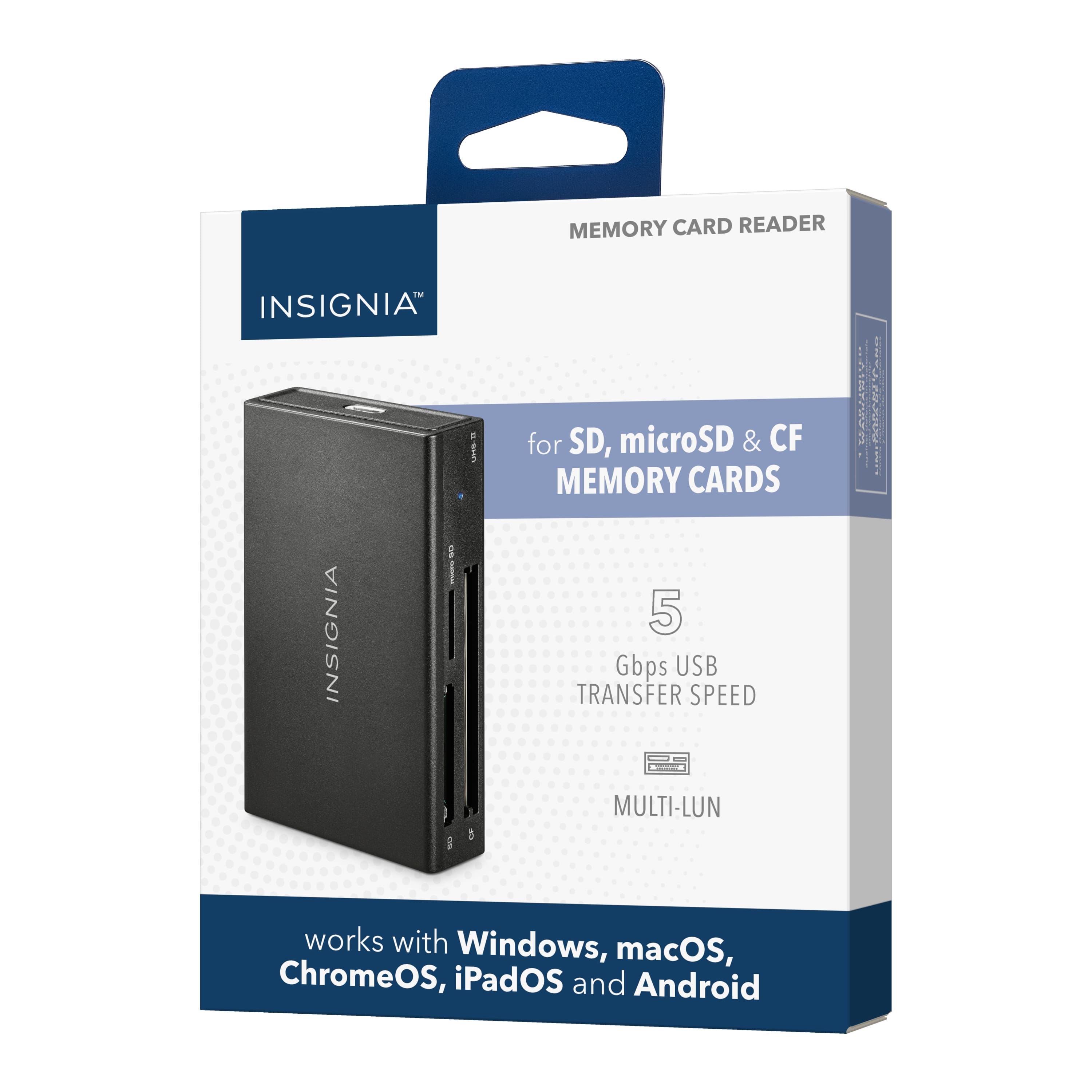 The text on the image reads: "Memory Card Reader Insignia Insignia 5 for SD, microSD & CF Memory Cards 5 Gbps USB Transfer Speed Multi-LUN works with Windows, macOS, ChromeOS, iPadOS and Android."