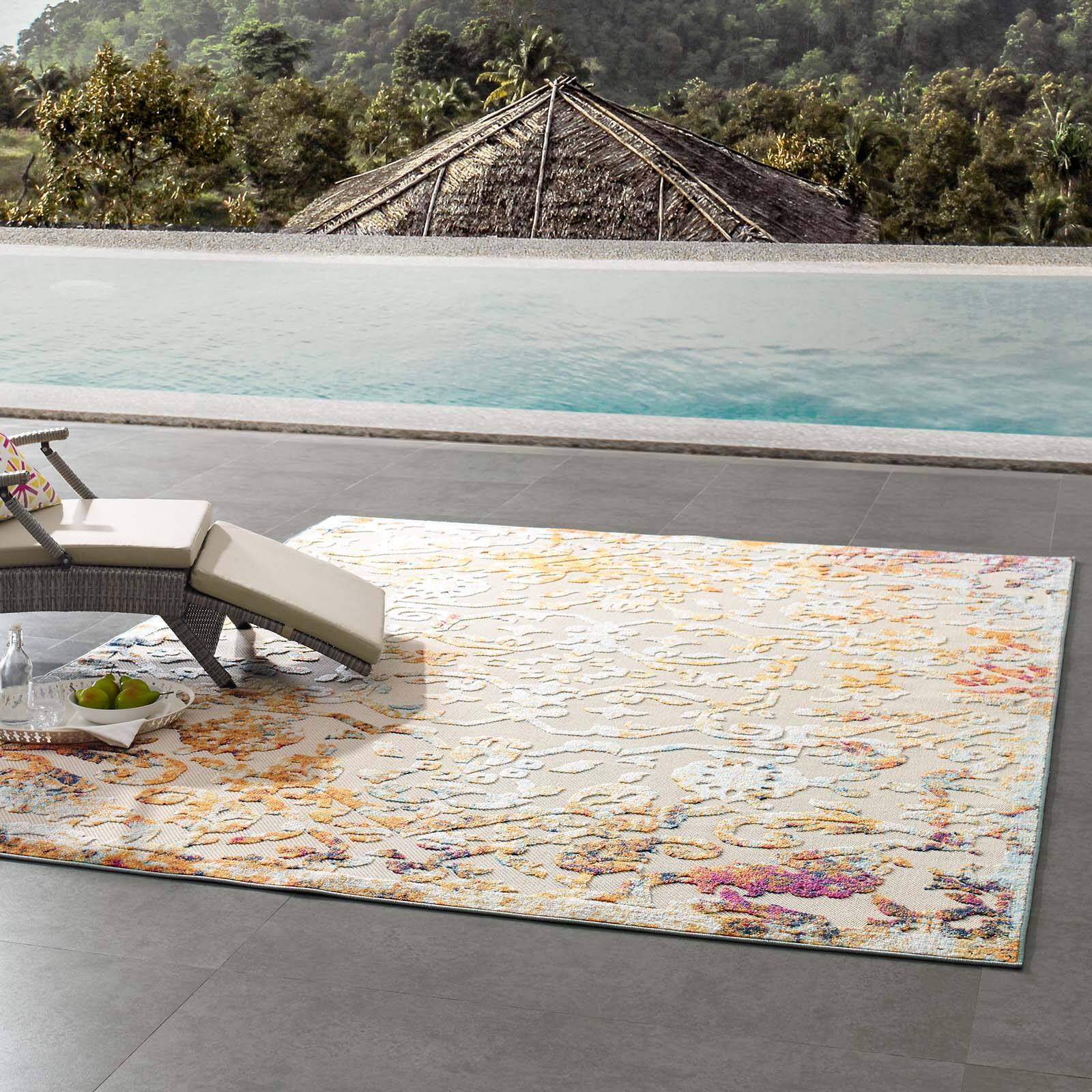 Left. Modway - Reflect Primrose Ornate Floral Lattice Indoor/Outdoor Area Rug - Ivory Light Blue Multicolored.