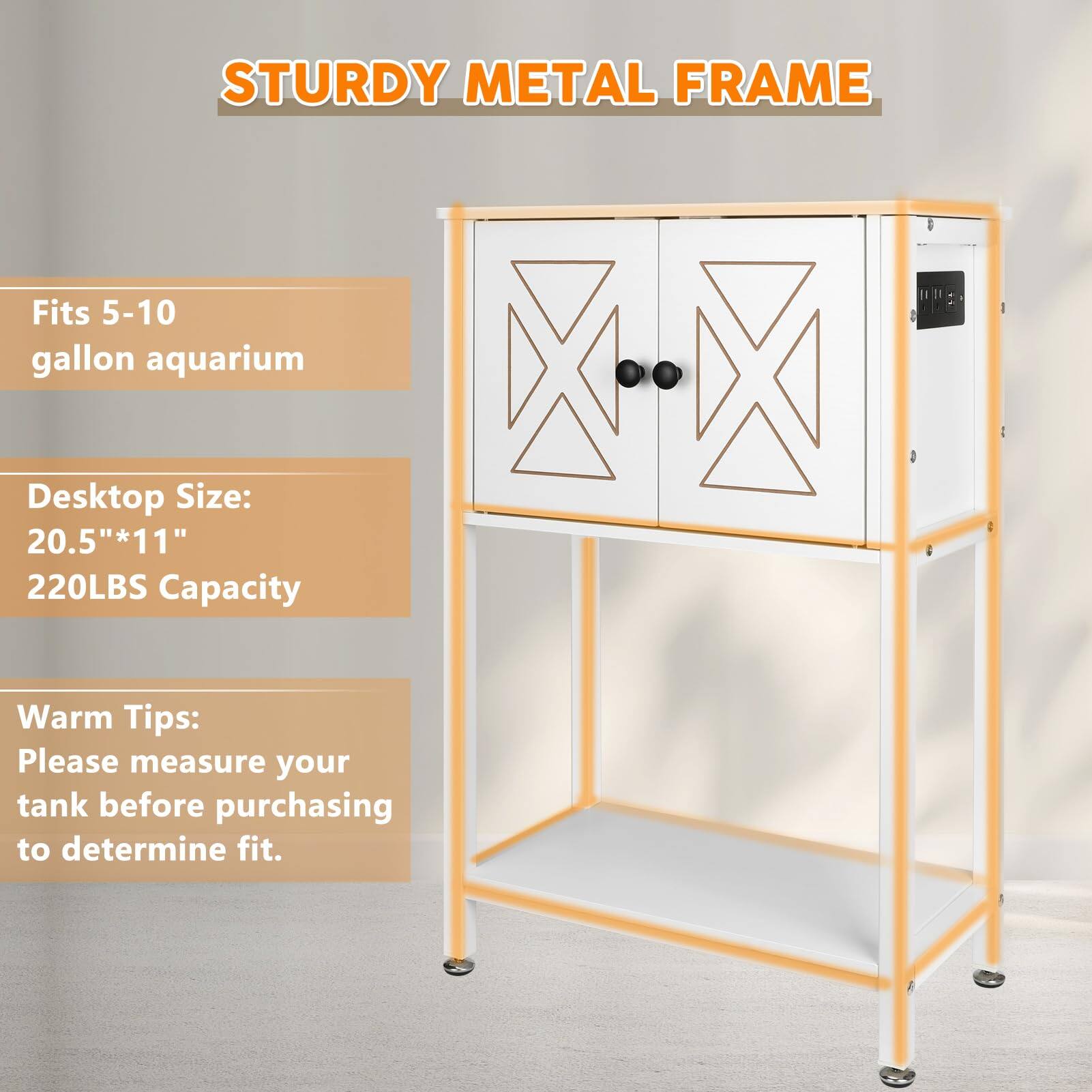 STURDY METAL FRAME

Fits 5-10 gallon aquarium

Desktop Size: 20.5"*11"

220LBS Capacity

Warm Tips: Please measure your tank before purchasing to determine fit.