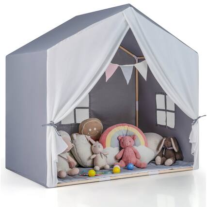 Front. Costway - Costway Kid's Play Tent Toddler Playhouse Castle Solid Wood Frame with Washable Mat - Gray.