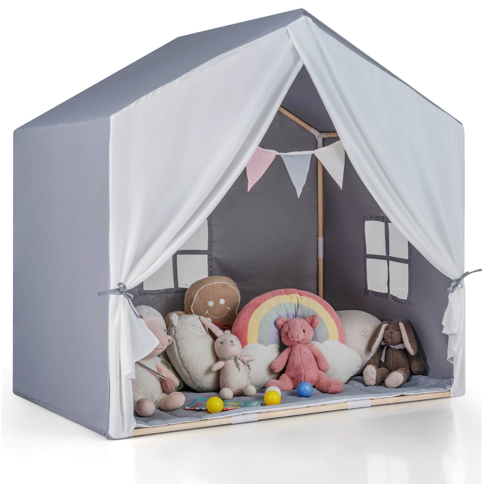 Front. Costway - Costway Kid's Play Tent Toddler Playhouse Castle Solid Wood Frame with Washable Mat - Gray.