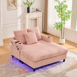 Trinkets Crazed - Modern Corduroy Oversized Recliner Sofa with Deep Seat, USB Charging,RGB LED Light Strip - Pink