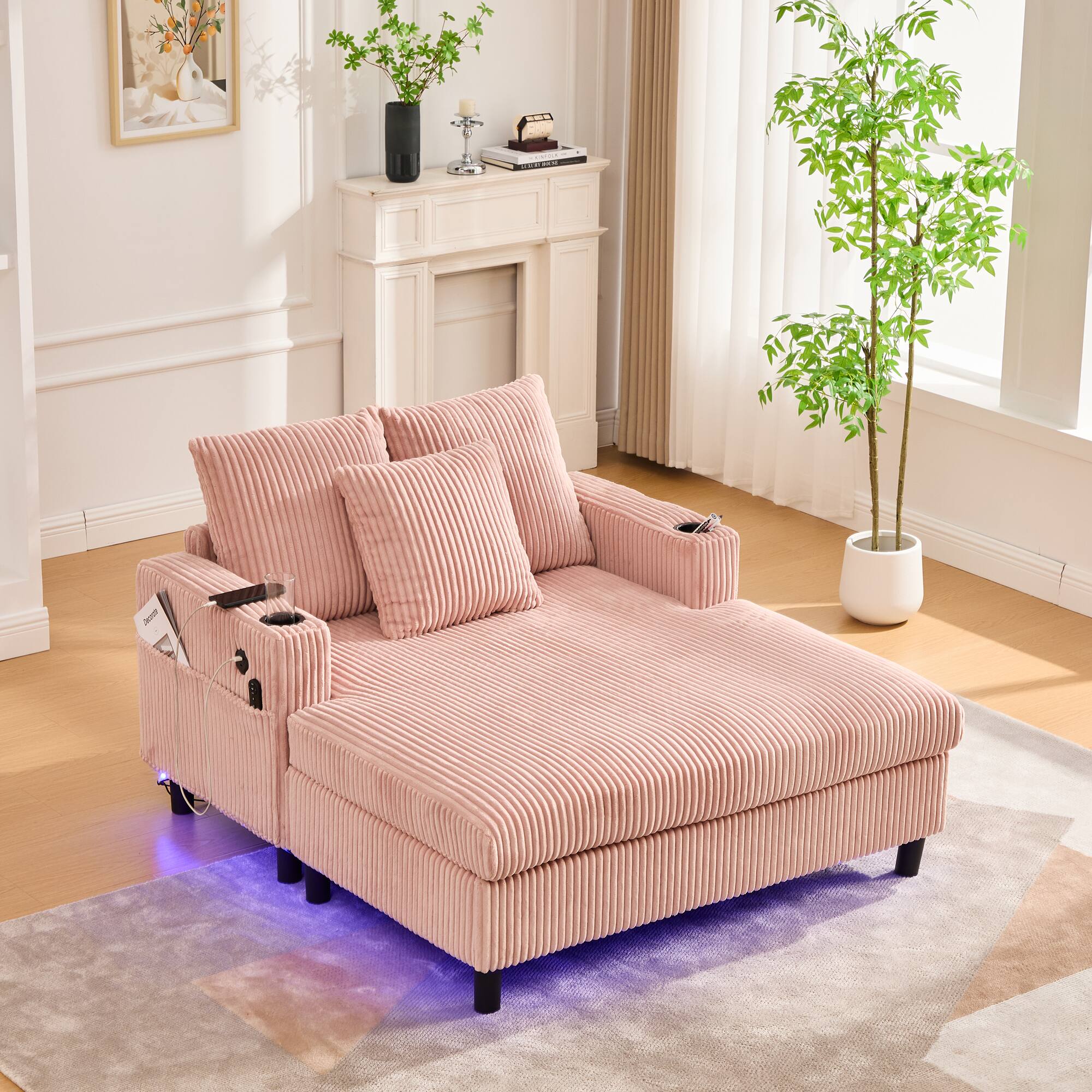 Front. Trinkets Crazed - Modern Corduroy Oversized Recliner Sofa with Deep Seat, USB Charging,RGB LED Light Strip - Pink.
