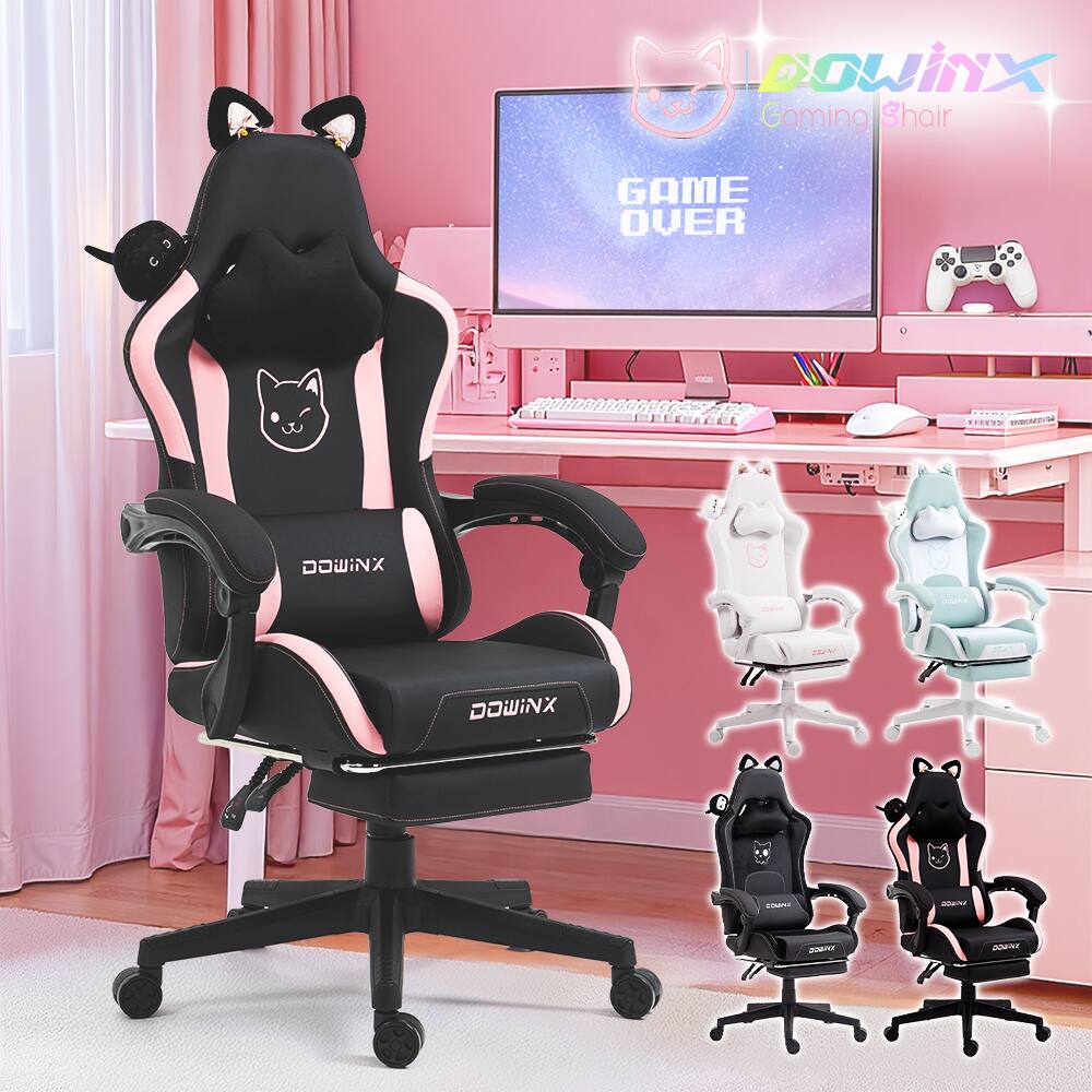 Dowinx - Cute Cat-Ear Gaming Chair with Massaging Lumbar Support, Ergonomic Computer Gaming Chair for Girls and Adults - BlackPink