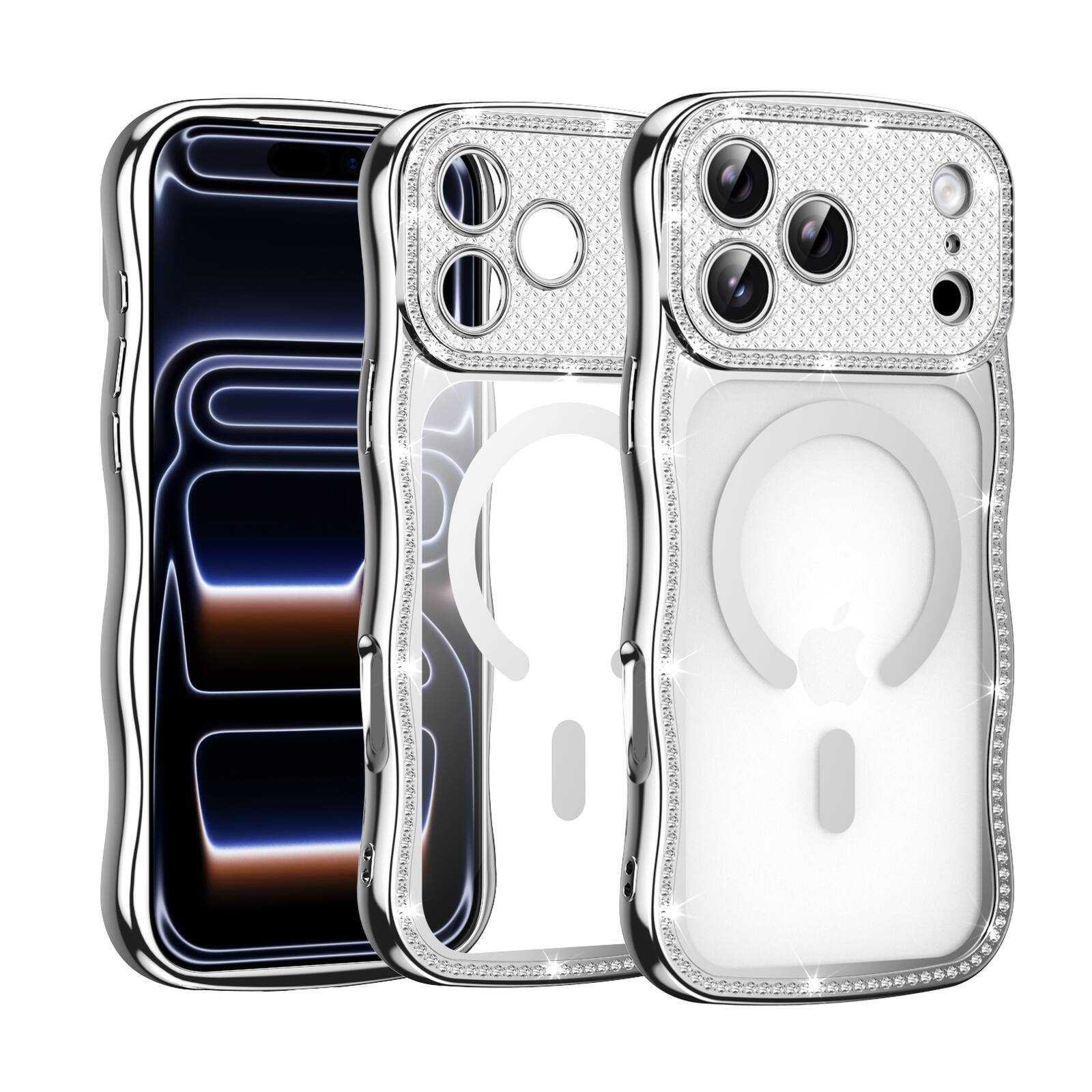Front. Dteck - Shockproof Glitter Rhinestone Phone Case for Apple iPhone 18 Pro Max, Electroplated Luxury Clear Back Protective Cover - Silver.