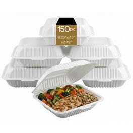 Eco Harmony Products - Clamshell (MFPP) Hinged Container (Center Slide), 8.25" x 7.5", 150-Pack - White