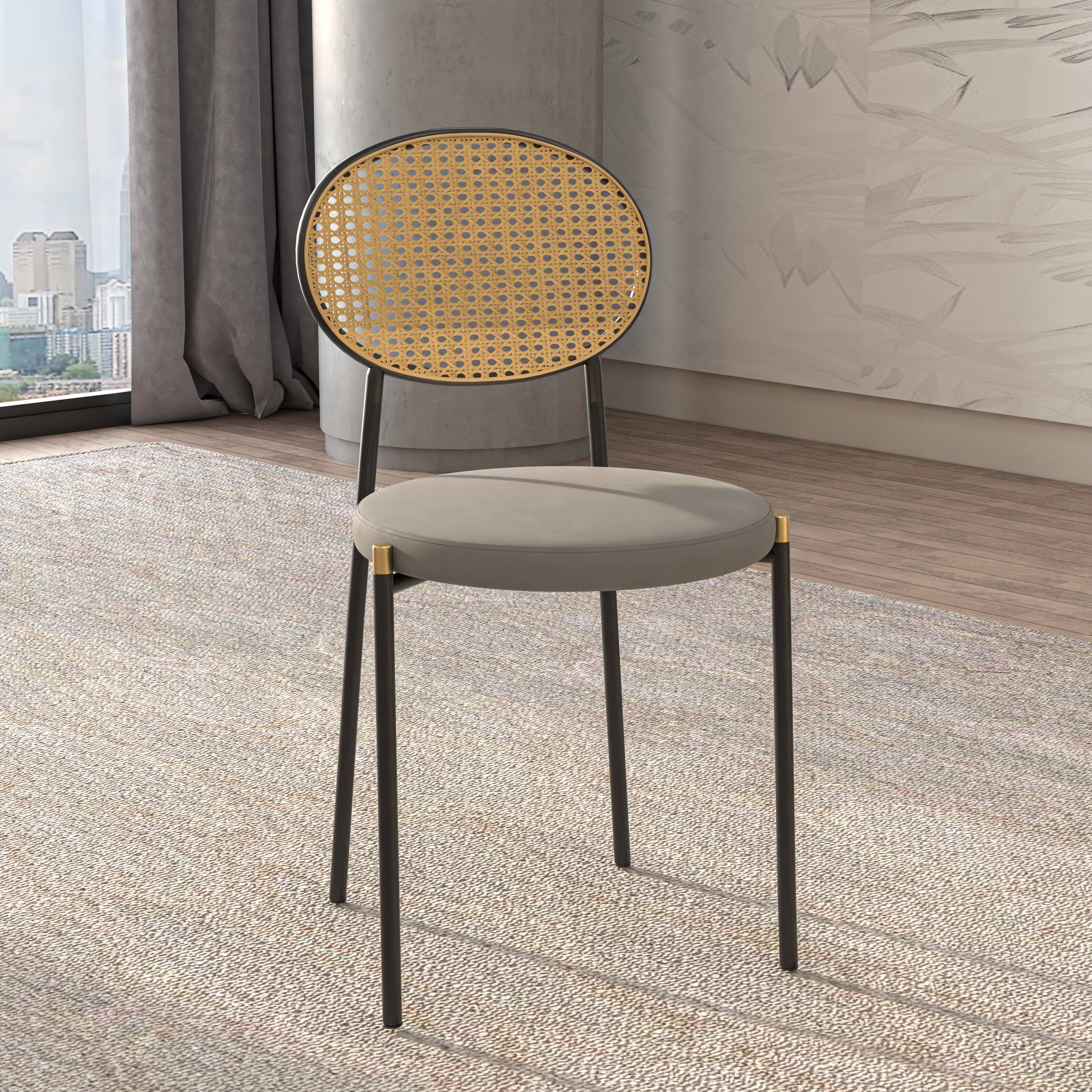 Left. LeisureMod - Euston 2-PCS Boho Wicker Back Dining Chair, Luxury Velvet Leather Kitchen Side Chair with Powder-Coated Steel - Grey.