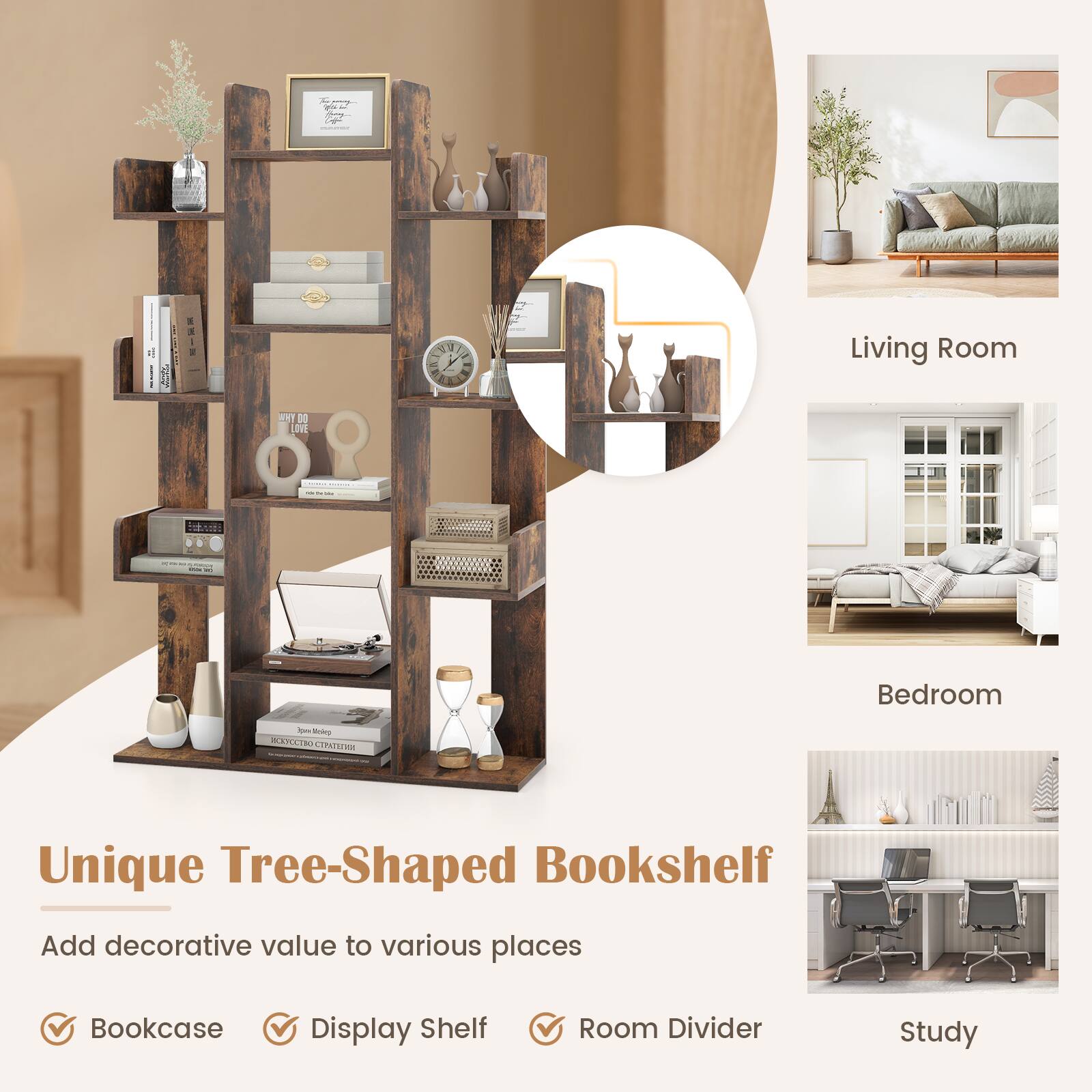 Unique Tree-Shaped Bookshelf: Add decorative value to various places. Bookcase, Display Shelf, Room Divider, Study.