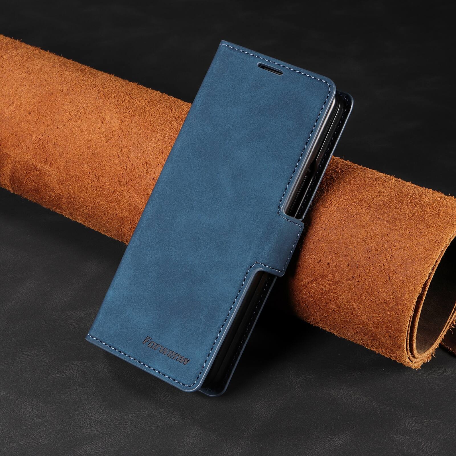 Angle. Dteck - Shockproof PU Leather Case for Samsung Galaxy Z Fold 8 Ultra, Wallet RFID Blocking with Card Slots Flip Stand Cover - Blue.