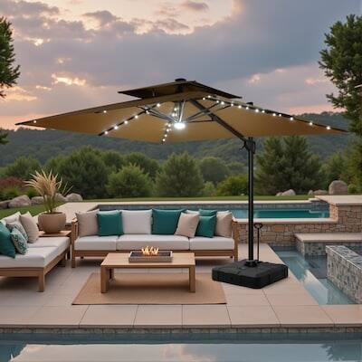 Alt View 5. Crestlive Products - Crestlive Products 11ft UPF50+ Aluminum Slide-tilt Cantilever Patio Umbrella with Light with 350lbs Pull rod Wheel Base - Brown.