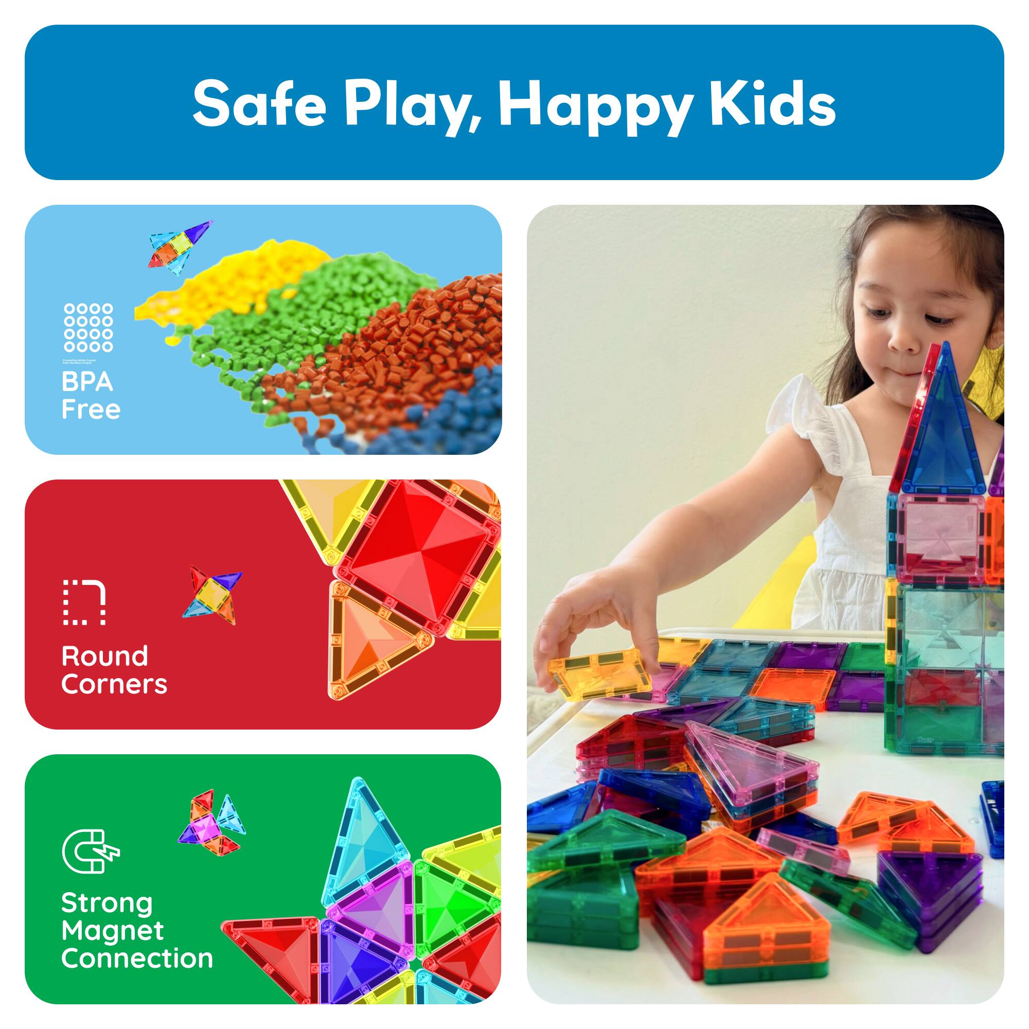 Safe Play, Happy Kids

- BPA Free
- Round Corners
- Strong Magnet Connection