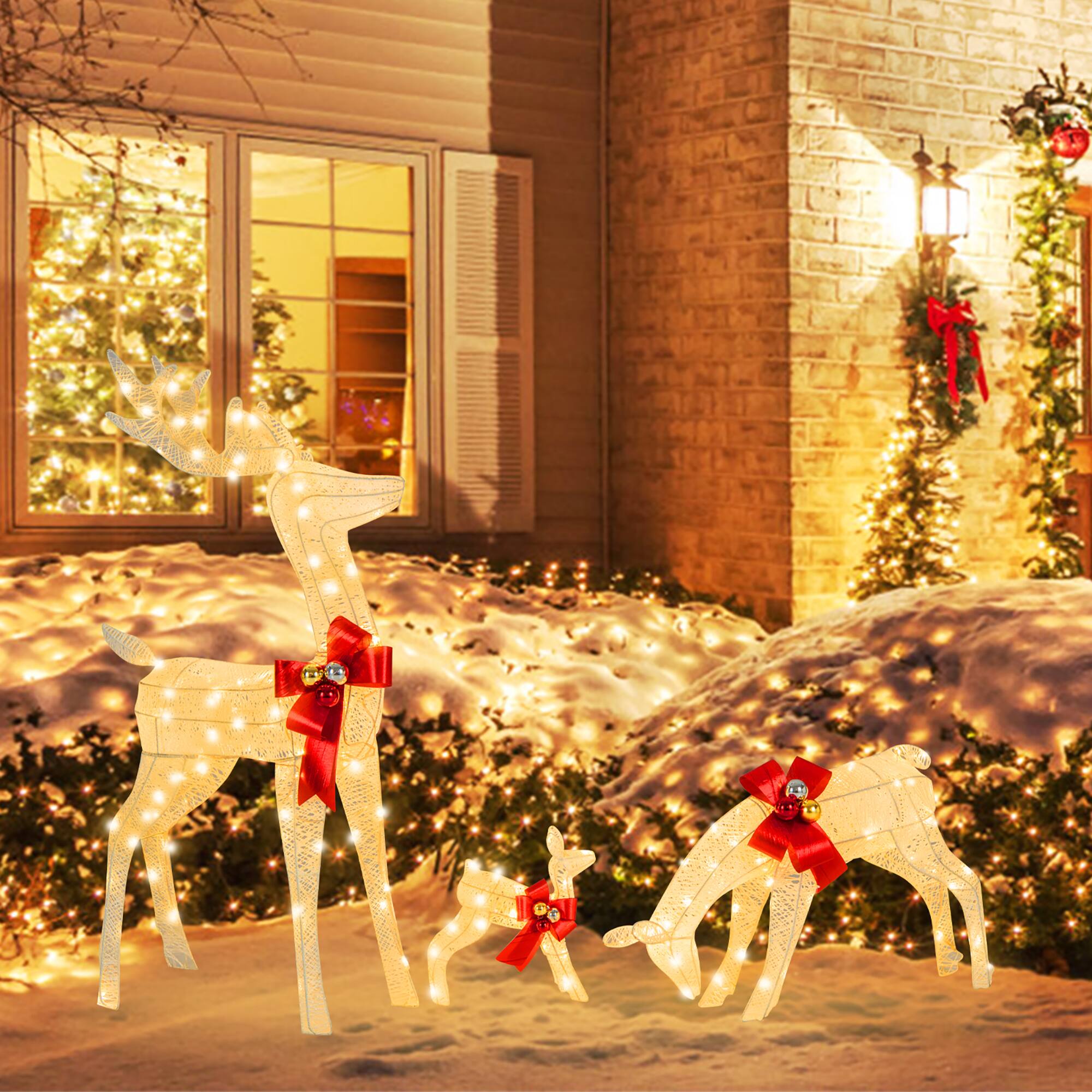 Alt View 1. Gymax - Gymax 3-Piece Reindeer Family Set w/ LED Lights Christmas Deer Weather-resistant Decorations - White.