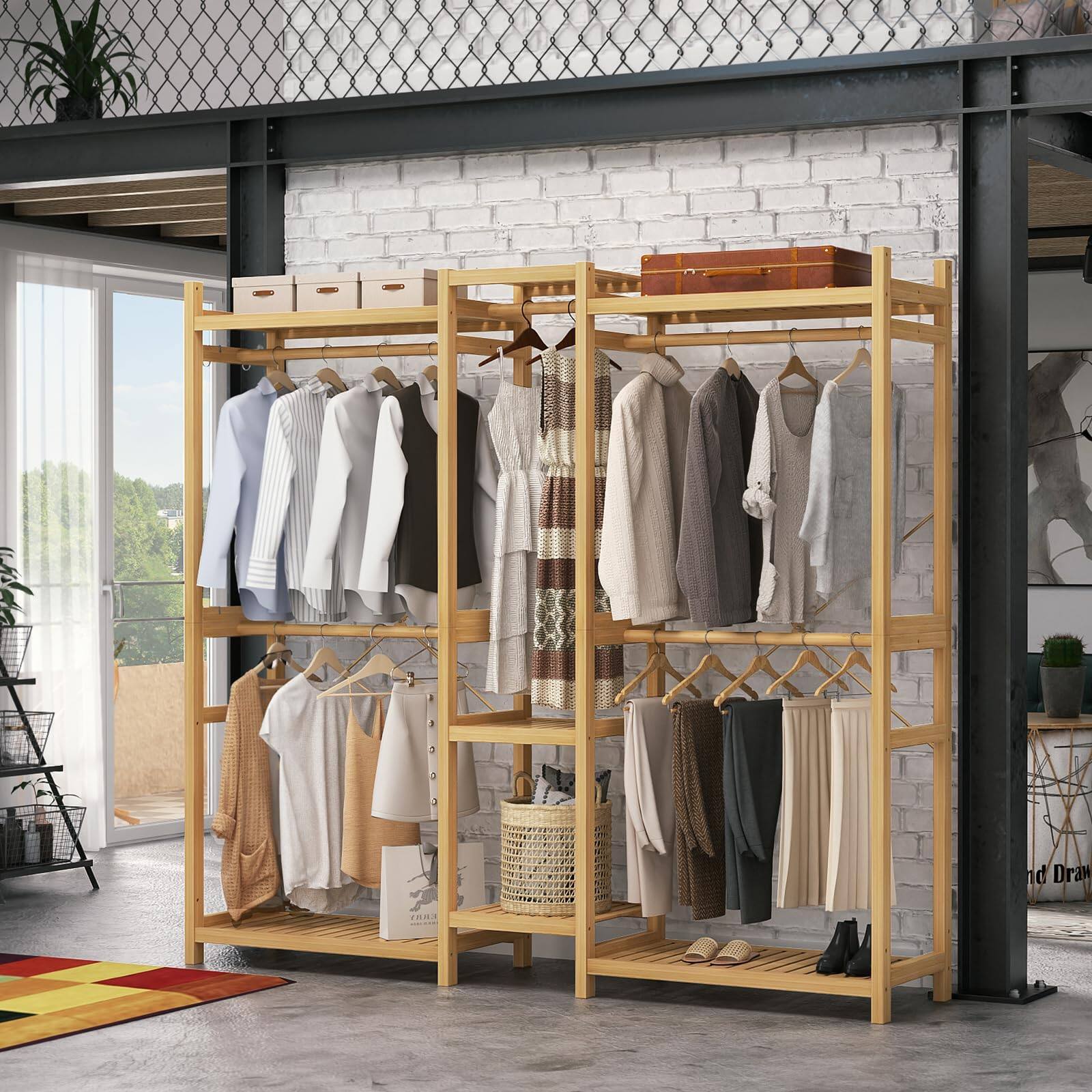 Back. Aheaplus - Bamboo Large Freestanding Garment Rack - 7 Shelves, 5 Rods & 4 Hooks - Open Closet Organizer - Natural.