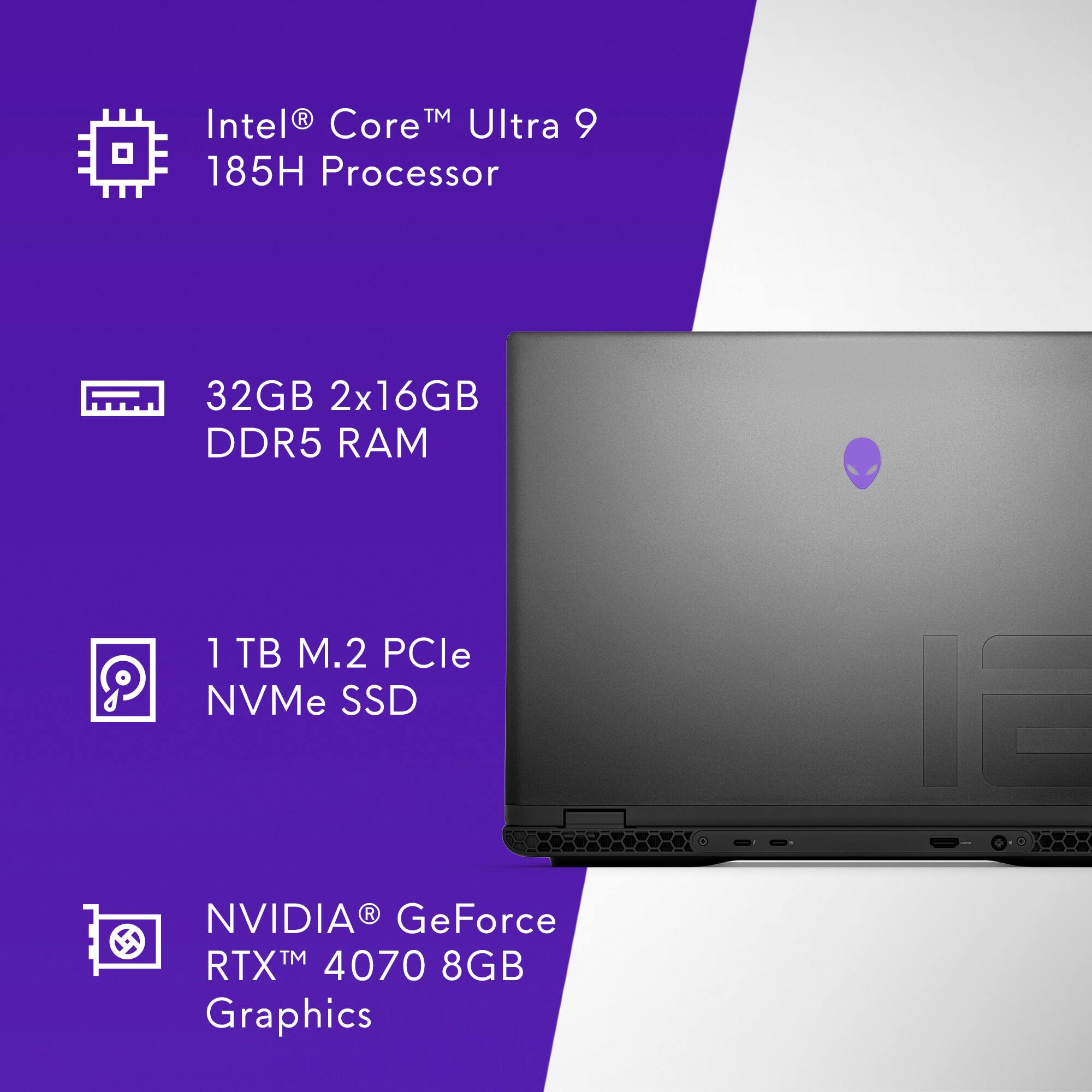 The text on the image is already grouped and correctly written. It reads:

Intel Core i9 185H Processor
32GB 2x16GB DDR5 RAM
1TB M.2 PCle NVMe SSD
NVIDIA GeForce RTX 4070 8GB Graphics