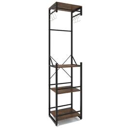 Kadyn - Freestanding Coat Rack with 4 Storage Shelves & 6 Hooks, Rustic Black - Brown