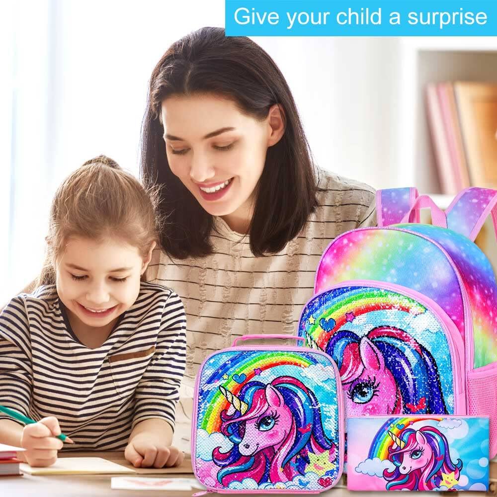 Pacoar Cade 3pcs Unicorn Backpack 16" Rainbow Sequins Bookbag With ...