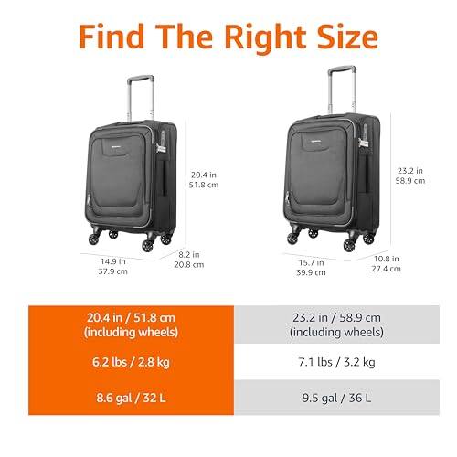 Find The Right Size

20.4 in / 51.8 cm (including wheels)  
8.2 in / 20.8 cm  
14.9 in / 37.9 cm  
6.2 lbs / 2.8 kg  
8.6 gal / 32 L

23.2 in / 58.9 cm (including wheels)  
10.8 in / 27.4 cm  
15.7 in / 39.9 cm  
7.1 lbs / 3.2 kg  
9.5 gal / 36 L