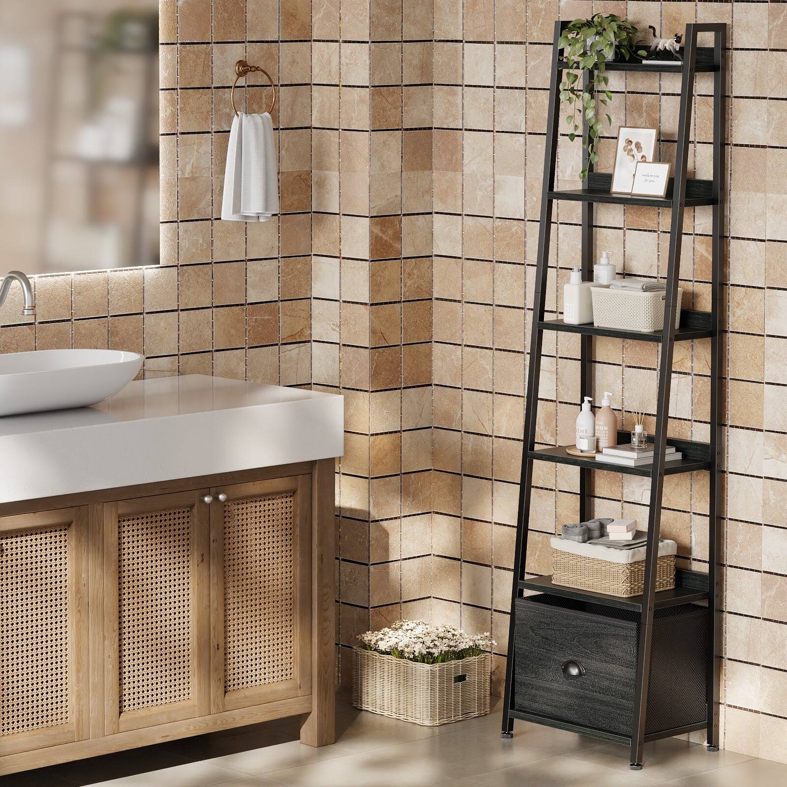 Front. Furnulem - 5Tier Ladder Shelf with Storage Drawers Vintage Wooden  Black Metal Frame Freestanding Bookcase for Living Room - Black.