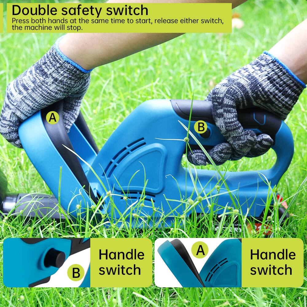Double safety switch  
Press both hands at the same time to start, release either switch, the machine will stop.

A - Handle switch  
B - Handle switch