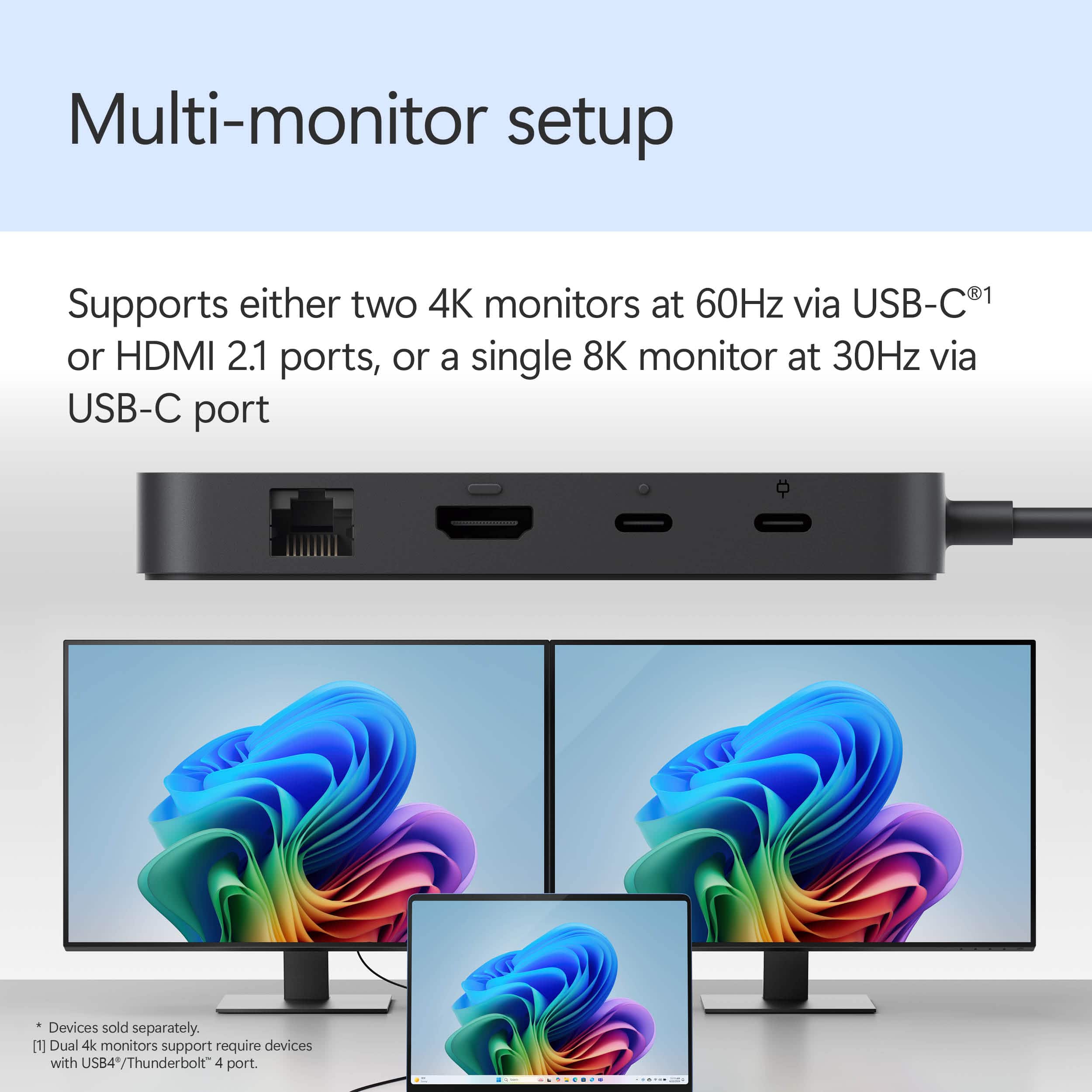 Multi-monitor setup: Supports either two 4K monitors at 60Hz via USB-C1 or HDMI 2.1 ports, or a single 8K monitor at 30Hz via USB-C port. Devices sold separately.