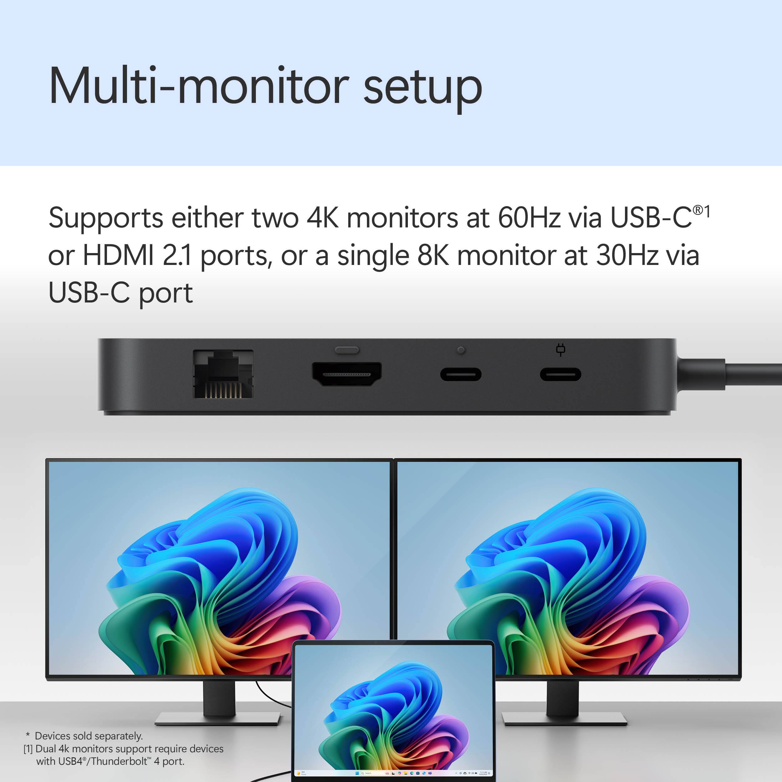 Multi-monitor setup: Supports either two 4K monitors at 60Hz via USB-C1 or HDMI 2.1 ports, or a single 8K monitor at 30Hz via USB-C port. Devices sold separately.