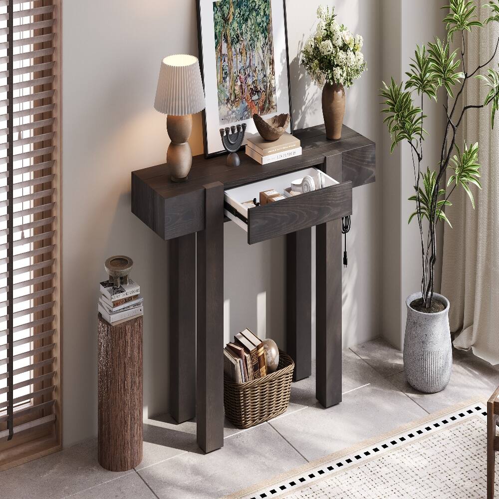 Left. Loheer - Loheer Rustic Console Table Espresso Entryway Table with Drawer - Espresso.