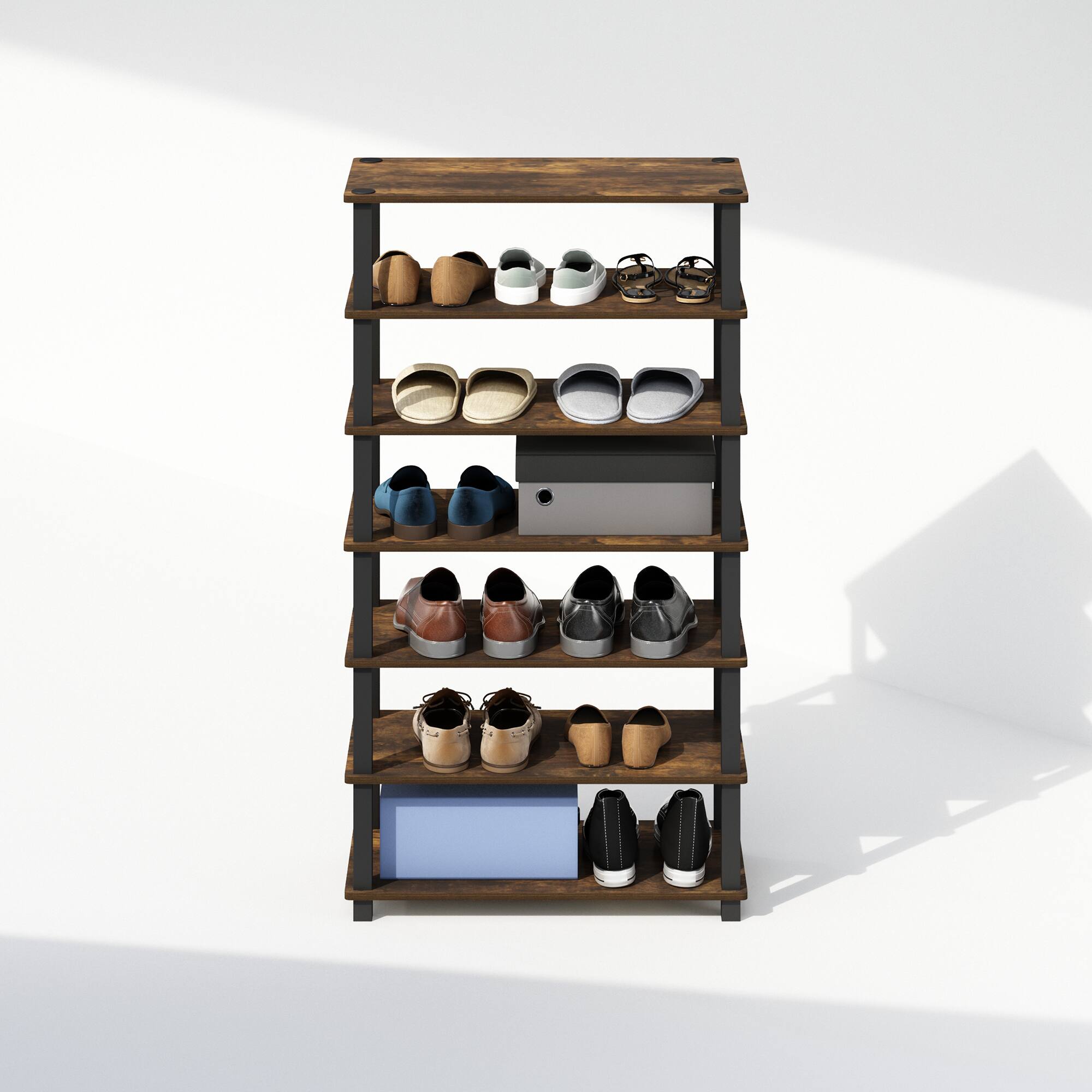 Alt View 4. Furinno - Turn-S-Tube 4-Tier Multipurpose Shoe Rack, Set of 2 - Amber Pine/Black.