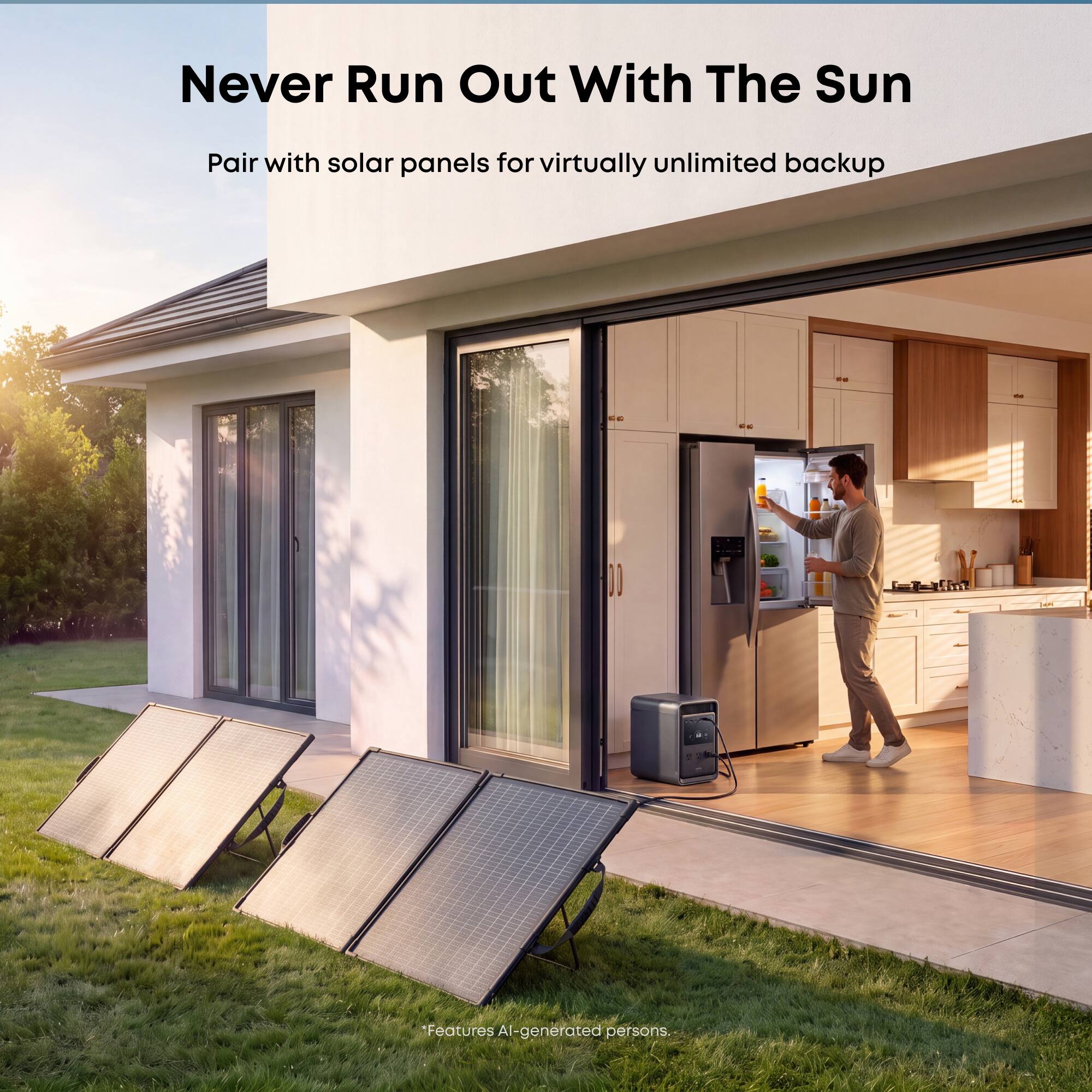 Never Run Out With The Sun  
Pair with solar panels for virtually unlimited backup  

Features AI-generated persons