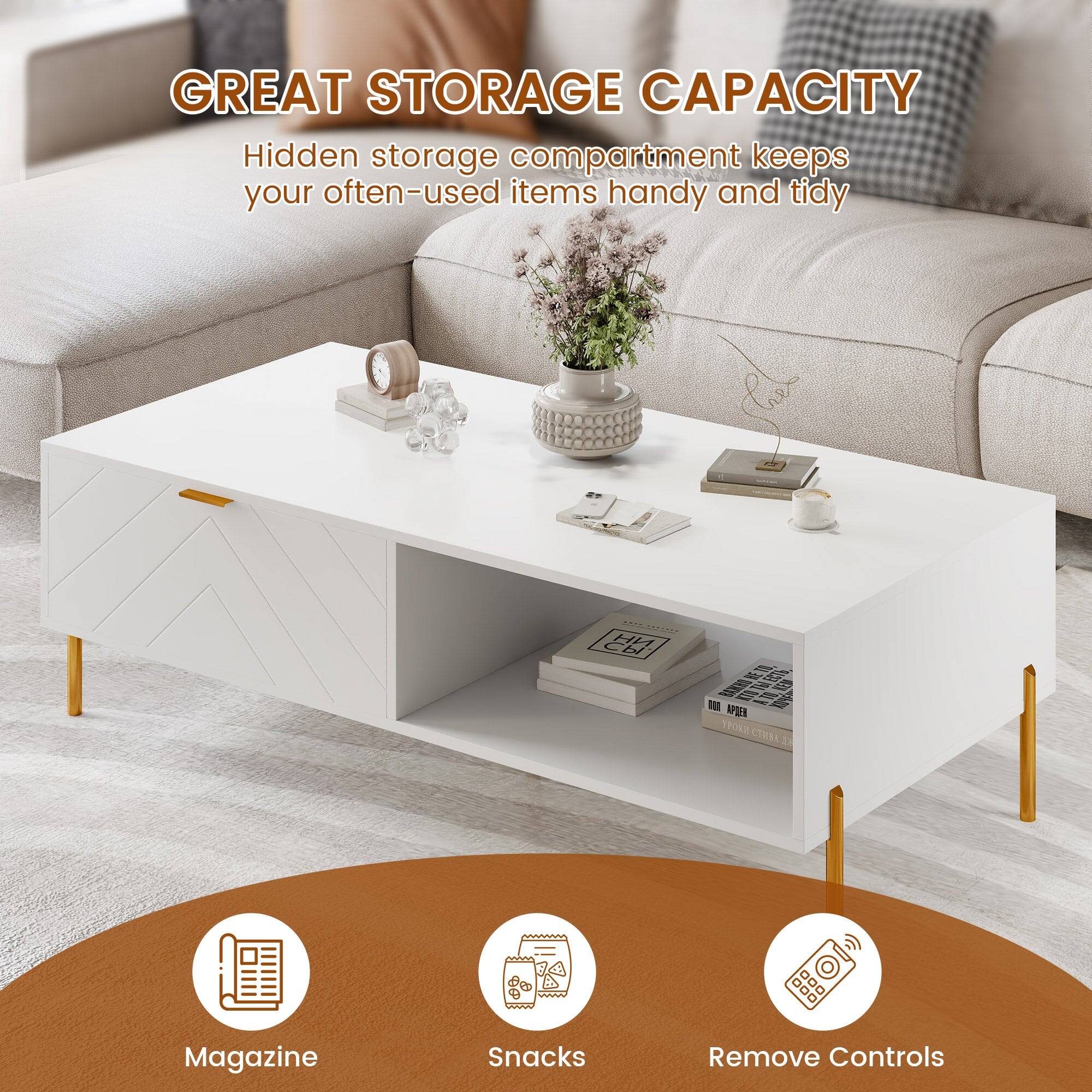 GREAT STORAGE CAPACITY  
Hidden storage compartment keeps your often-used items handy and tidy  

- Magazine  
- Snacks  
- Remove Controls