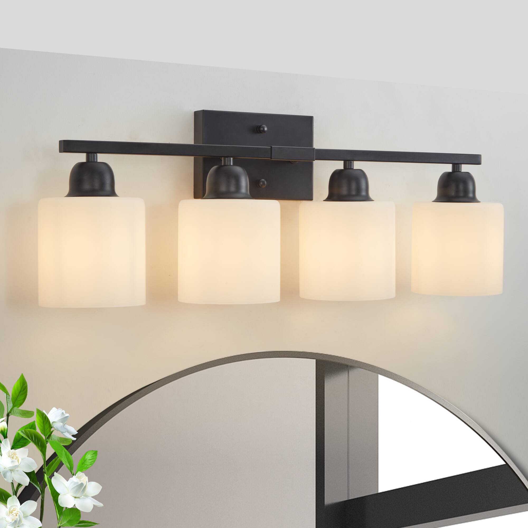 Front. APRILSOUL - Black Bathroom Light Fixtures 4-Light Modern Vanity Light with Milky White Frosted Glass Shades E26 Socket No Bulbs.
