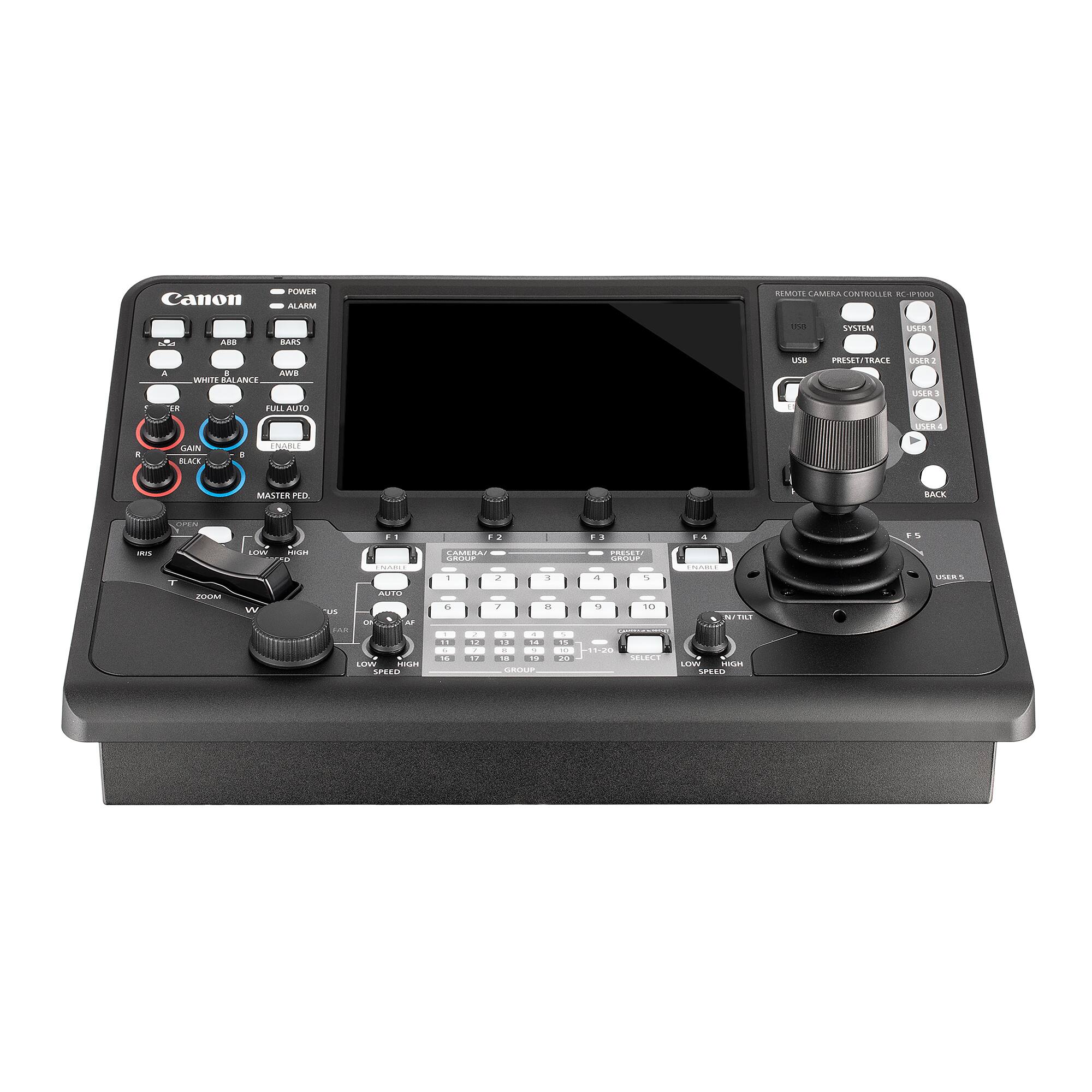 Canon PANER ALARM RMrT LAMERACONTRLLER SYSTEM US .. BARS A .. AWB WHITE GLAN BALAUTO LNa PRESET TRACS MEn Un LRA . CA RAE COREd MASTER PED BACK JTEN - a 4 - L LESTUM | Centca ...... . 2 3 TEMUARY C... .. 5 .- uARS ZUN W M..... us - .. TAB LEM M SPEED & .. -. . . , "  : - : - ..... I : .. - 10 DELRI S2TO LEM mun SPEED

Canon Remote Camera Controller RC-IP100

- POWER
- ALARM
- USB
- SYSTEM
- USER 1
- USER 2
- USER 3
- USER 4
- USER 5
- PRESET/TRACE
- BACK

- A
- B
- WHITE BALANCE
- FULL AUTO
- GAIN
- BLACK
- MASTER PED
- OPEN
- F1
- F2
- F3
- F4
- F5

- ZOOM
- W
- T
- IRIS
- LOW
- HIGH
- SPEED
-