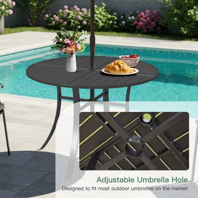 4 chair table and umbrella patio set Vienna 5 Piece Outdoor Dining - 66" Round Stone Harbor Dining Chairs The trending natural colored synthetic faux teak slats contrast beautifully with the black metal frames and blend seamlessly in almost any decor Ama pear Black 5-Piece Metal