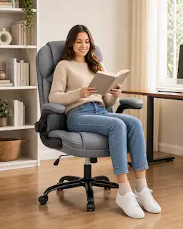 Brick Attic - PU Leather Executive Office Chair with Flip-Up Armrests, Ergonomic High-Back Gaming Chair with Adjustable Height - Gray