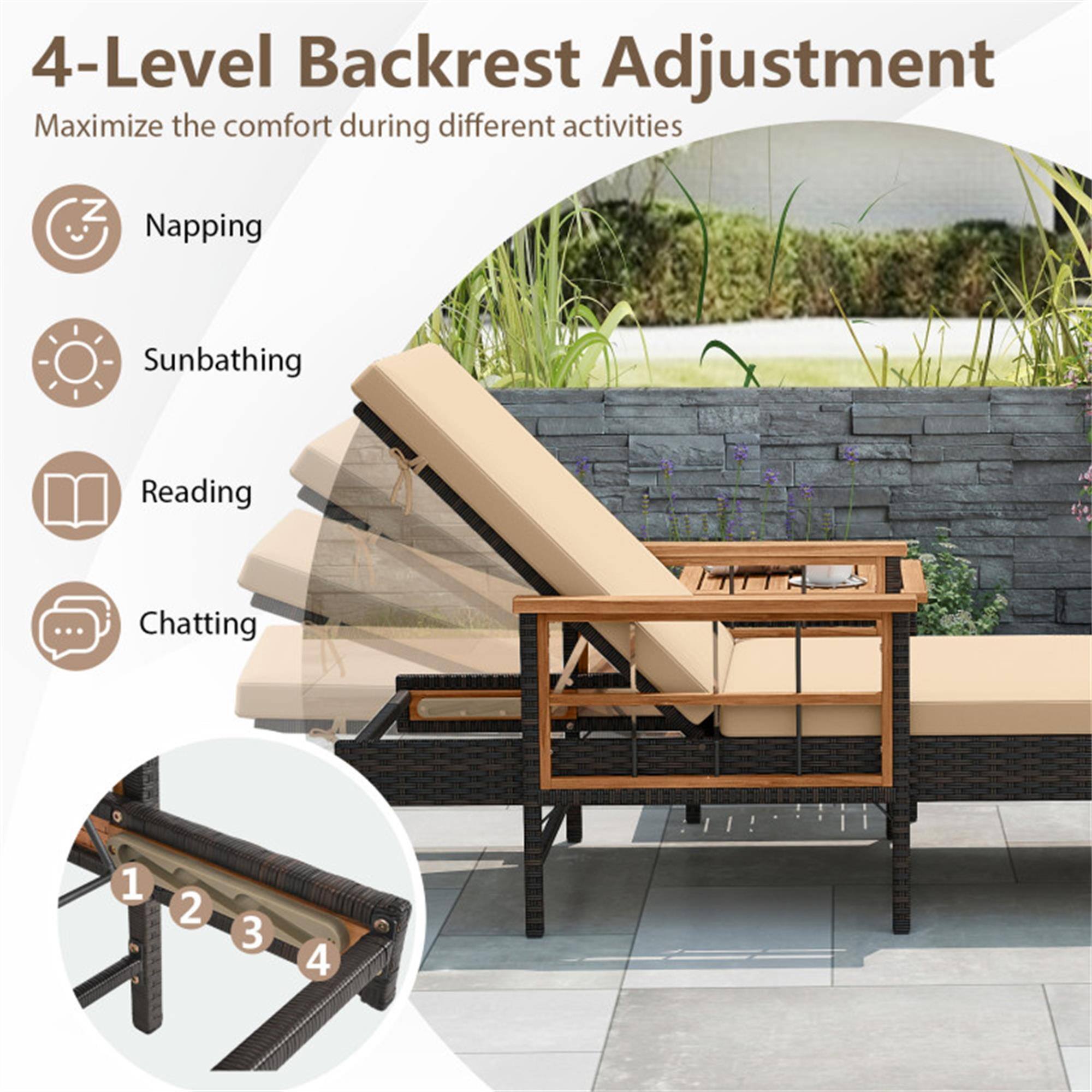 4-Level Backrest Adjustment  
Maximize the comfort during different activities

- Napping
- Sunbathing
- Reading
- Chatting

1 2 3 4